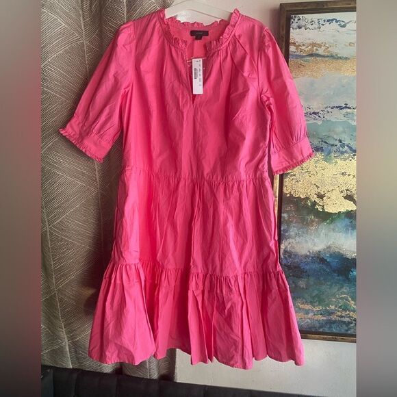 J Crew Dress  Womens Pink Sz XS  Ruffle Neck Short Sleeve Tiered Popover Cotton - Picture 3 of 14